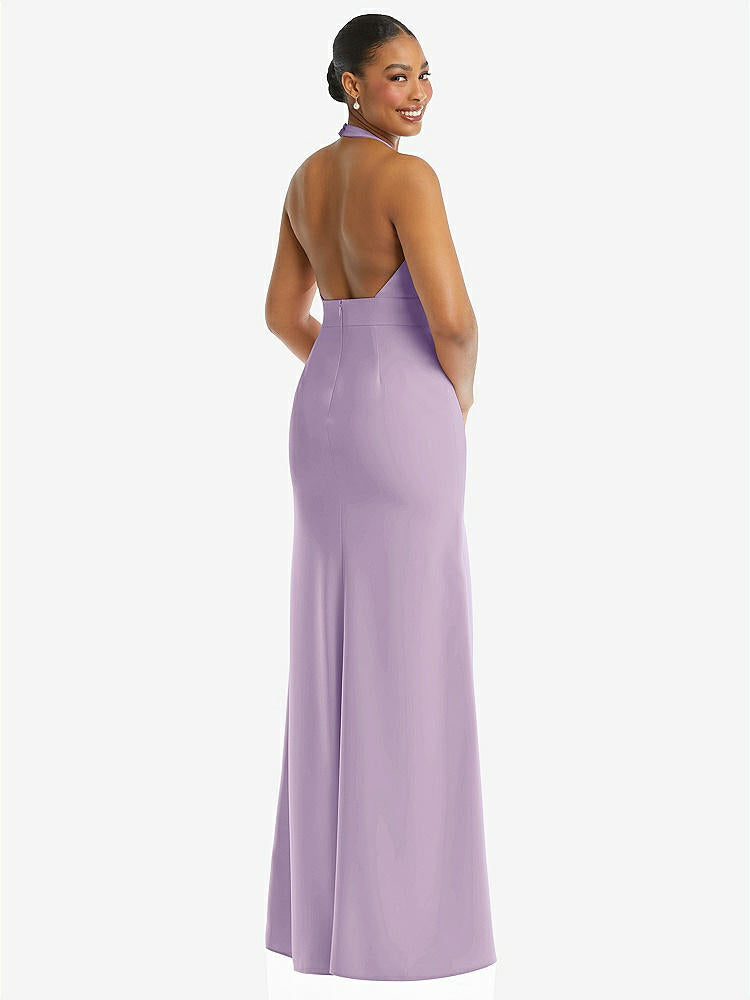 【STYLE: TH110】Plunge Neck Halter Backless Trumpet Gown with Front Slit【COLOR: Pale Purple】