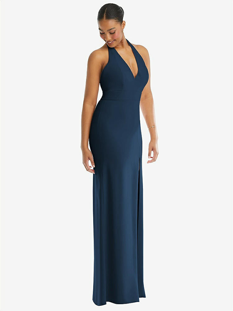 【STYLE: TH110】Plunge Neck Halter Backless Trumpet Gown with Front Slit【COLOR: Sofia Blue】