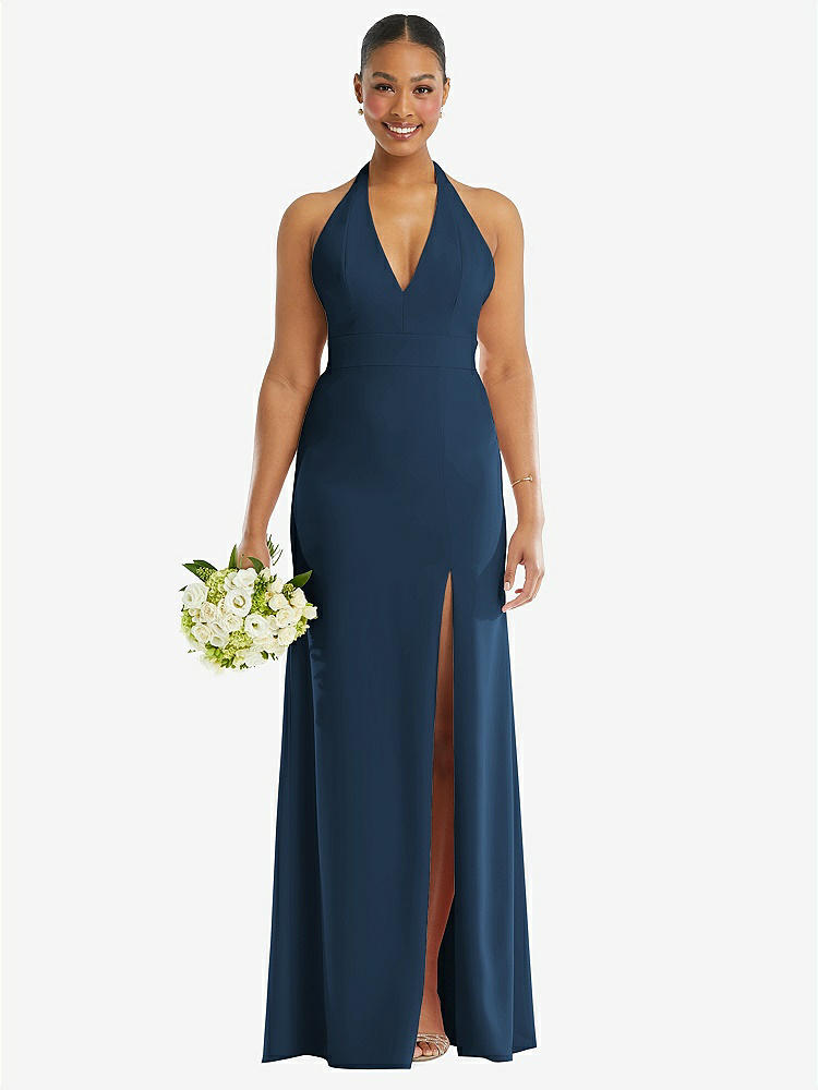 【STYLE: TH110】Plunge Neck Halter Backless Trumpet Gown with Front Slit【COLOR: Sofia Blue】
