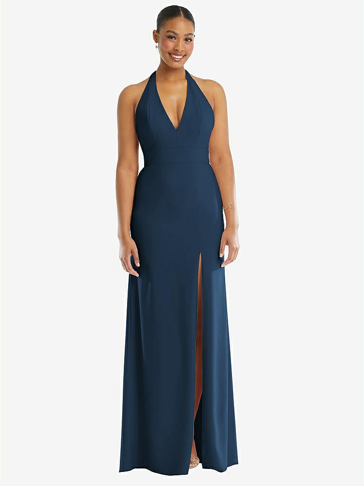 【STYLE: TH110】Plunge Neck Halter Backless Trumpet Gown with Front Slit【COLOR: Sofia Blue】