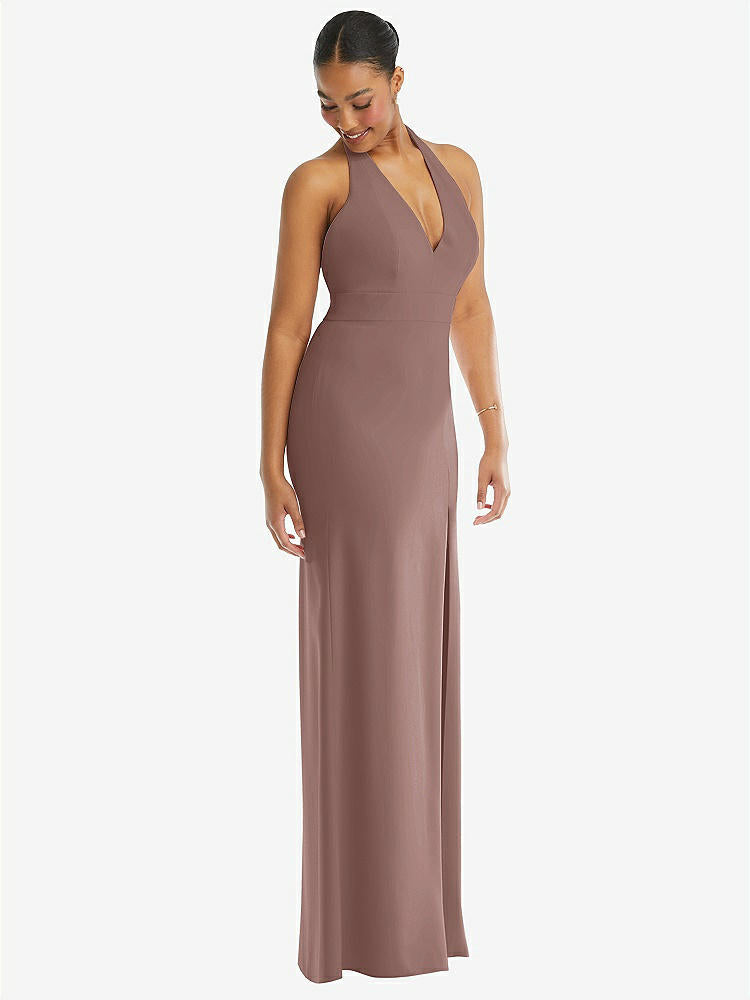 【STYLE: TH110】Plunge Neck Halter Backless Trumpet Gown with Front Slit【COLOR: Sienna】