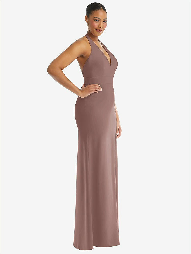 【STYLE: TH110】Plunge Neck Halter Backless Trumpet Gown with Front Slit【COLOR: Sienna】