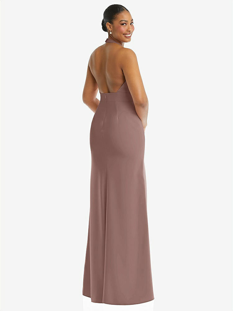 【STYLE: TH110】Plunge Neck Halter Backless Trumpet Gown with Front Slit【COLOR: Sienna】