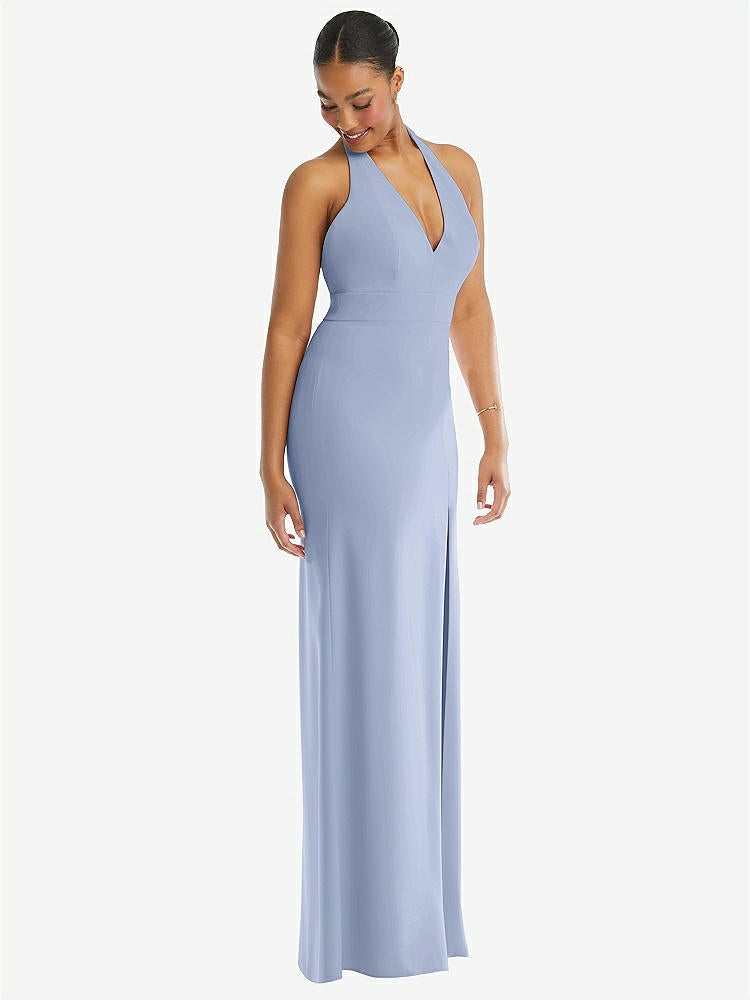 【STYLE: TH110】Plunge Neck Halter Backless Trumpet Gown with Front Slit【COLOR: Sky Blue】