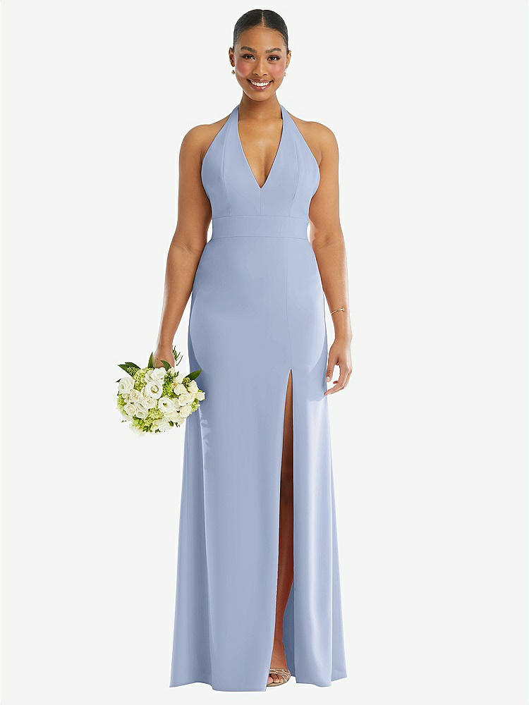 【STYLE: TH110】Plunge Neck Halter Backless Trumpet Gown with Front Slit【COLOR: Sky Blue】