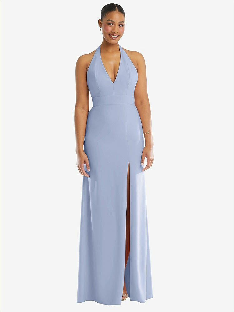 【STYLE: TH110】Plunge Neck Halter Backless Trumpet Gown with Front Slit【COLOR: Sky Blue】