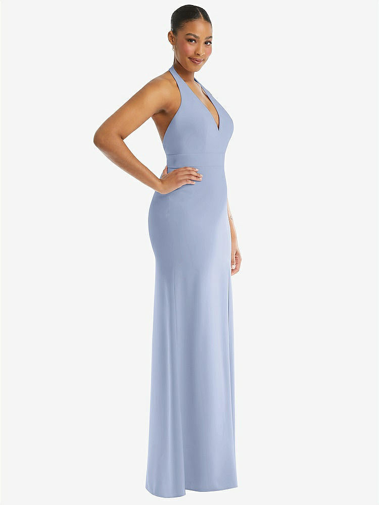 【STYLE: TH110】Plunge Neck Halter Backless Trumpet Gown with Front Slit【COLOR: Sky Blue】