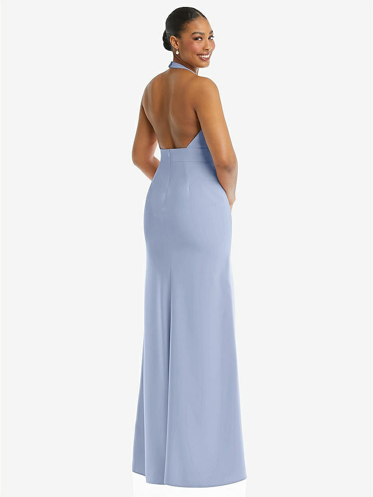 【STYLE: TH110】Plunge Neck Halter Backless Trumpet Gown with Front Slit【COLOR: Sky Blue】