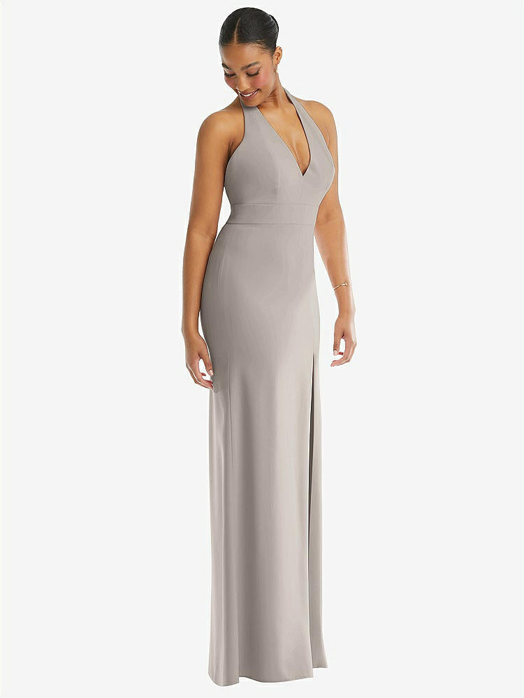 【STYLE: TH110】Plunge Neck Halter Backless Trumpet Gown with Front Slit【COLOR: Taupe】