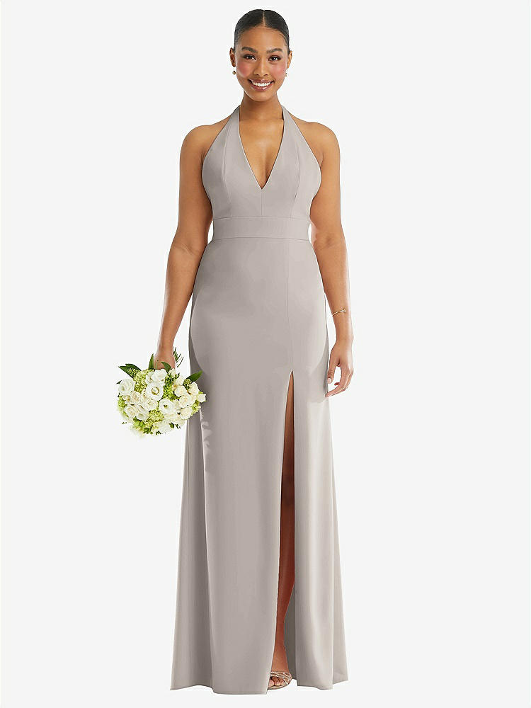 【STYLE: TH110】Plunge Neck Halter Backless Trumpet Gown with Front Slit【COLOR: Taupe】