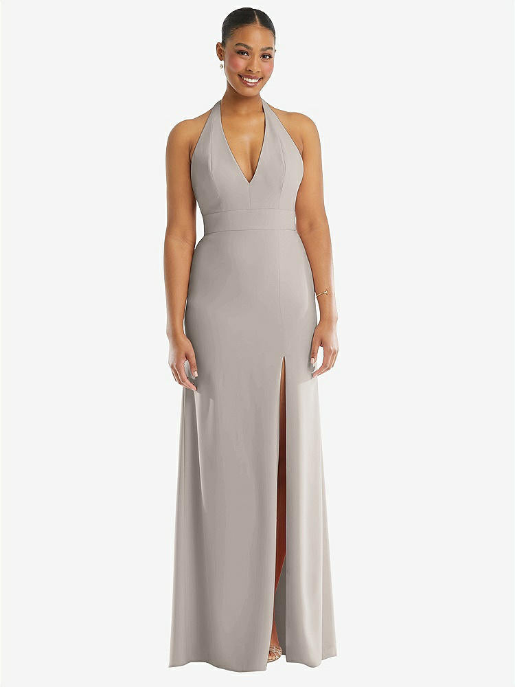 【STYLE: TH110】Plunge Neck Halter Backless Trumpet Gown with Front Slit【COLOR: Taupe】