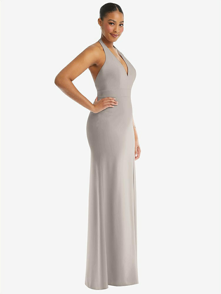 【STYLE: TH110】Plunge Neck Halter Backless Trumpet Gown with Front Slit【COLOR: Taupe】