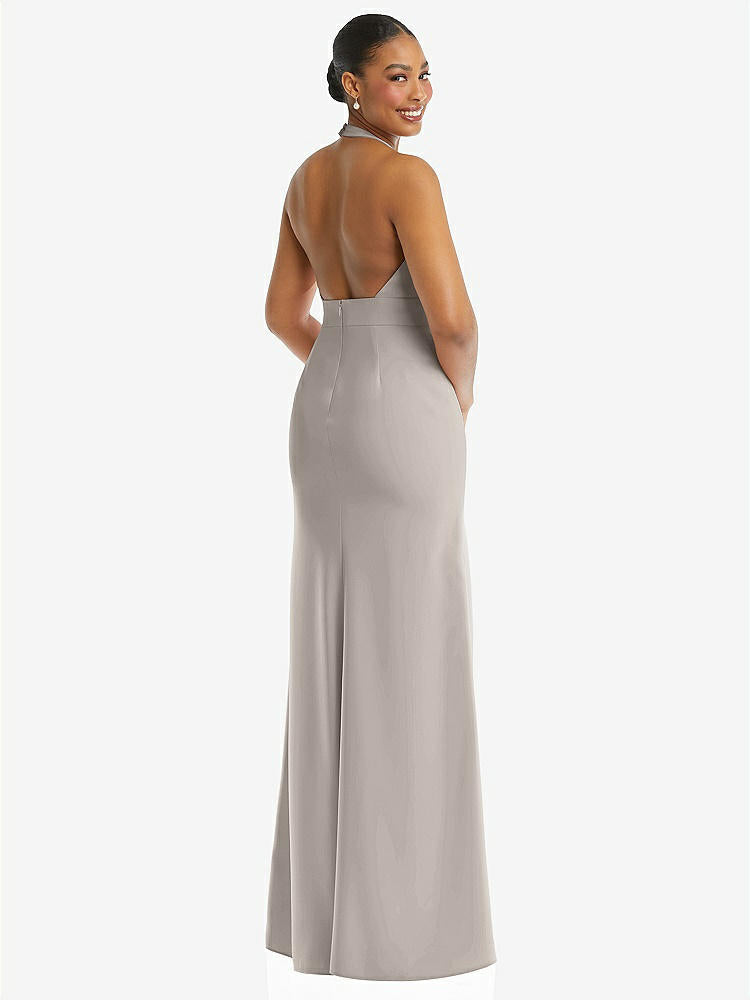 【STYLE: TH110】Plunge Neck Halter Backless Trumpet Gown with Front Slit【COLOR: Taupe】