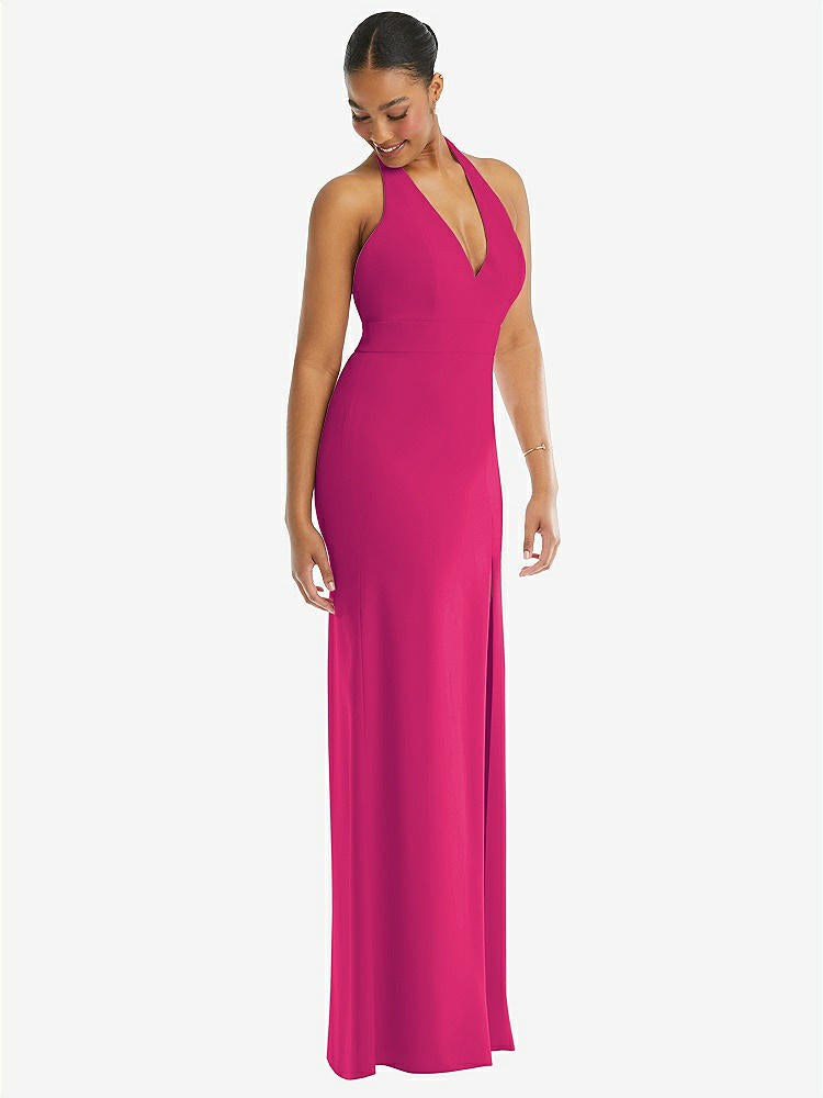 【STYLE: TH110】Plunge Neck Halter Backless Trumpet Gown with Front Slit【COLOR: Think Pink】