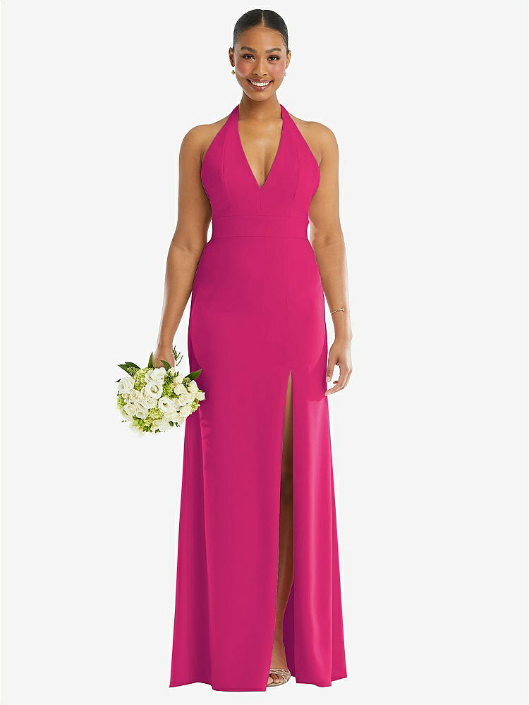 【STYLE: TH110】Plunge Neck Halter Backless Trumpet Gown with Front Slit【COLOR: Think Pink】