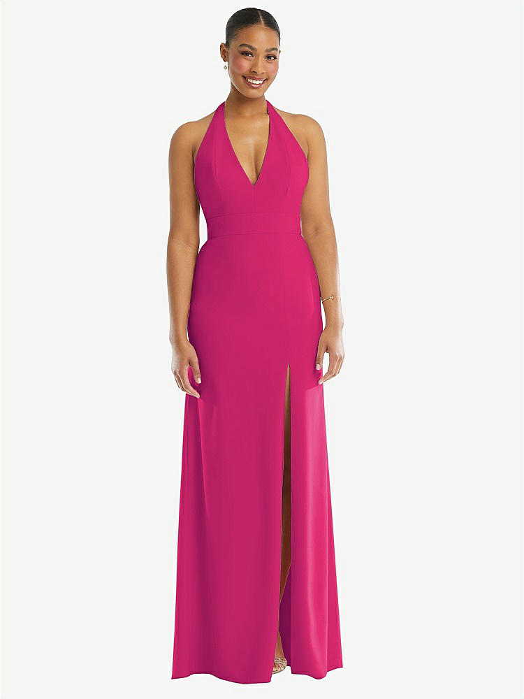【STYLE: TH110】Plunge Neck Halter Backless Trumpet Gown with Front Slit【COLOR: Think Pink】