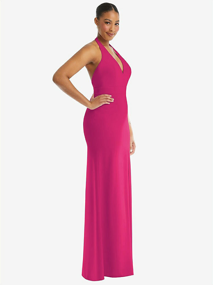 【STYLE: TH110】Plunge Neck Halter Backless Trumpet Gown with Front Slit【COLOR: Think Pink】