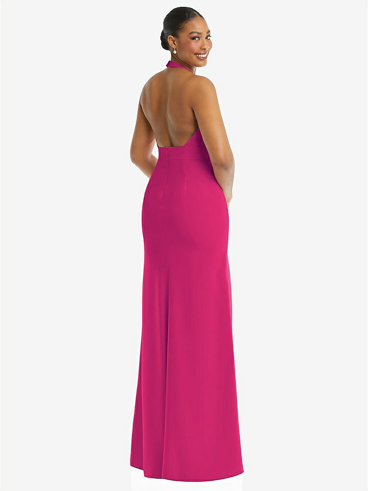 【STYLE: TH110】Plunge Neck Halter Backless Trumpet Gown with Front Slit【COLOR: Think Pink】