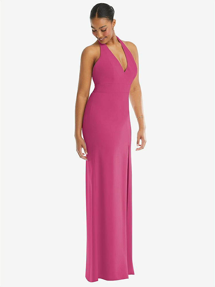 【STYLE: TH110】Plunge Neck Halter Backless Trumpet Gown with Front Slit【COLOR: Tea Rose】