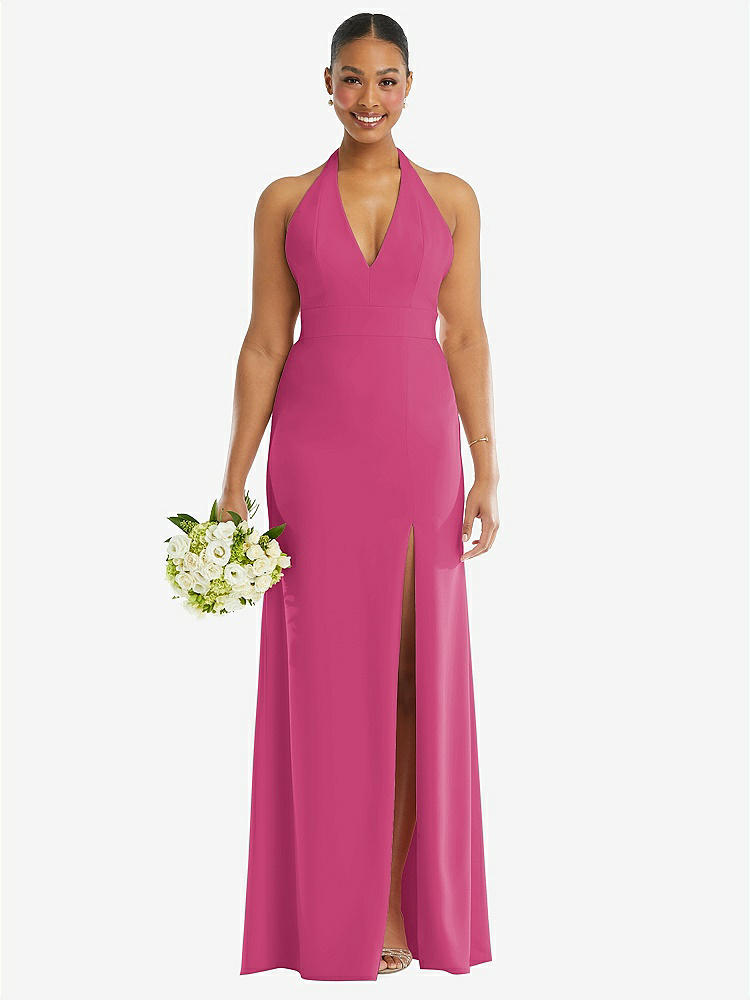 【STYLE: TH110】Plunge Neck Halter Backless Trumpet Gown with Front Slit【COLOR: Tea Rose】