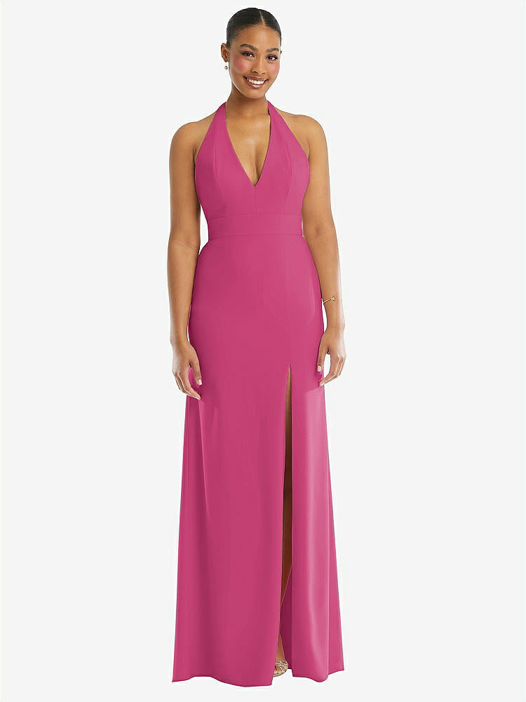 【STYLE: TH110】Plunge Neck Halter Backless Trumpet Gown with Front Slit【COLOR: Tea Rose】