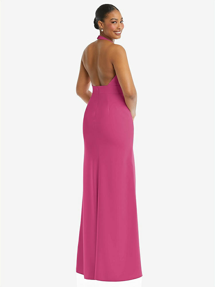 【STYLE: TH110】Plunge Neck Halter Backless Trumpet Gown with Front Slit【COLOR: Tea Rose】
