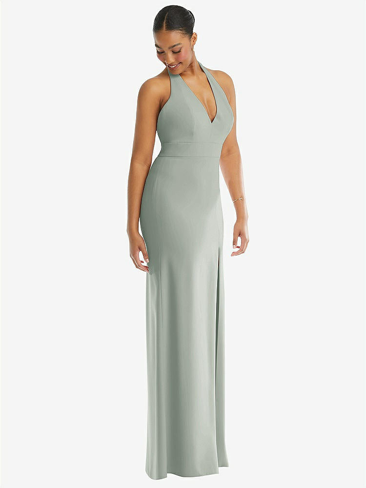 【STYLE: TH110】Plunge Neck Halter Backless Trumpet Gown with Front Slit【COLOR: Willow Green】