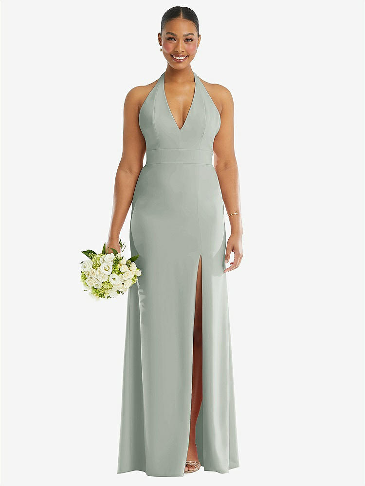 【STYLE: TH110】Plunge Neck Halter Backless Trumpet Gown with Front Slit【COLOR: Willow Green】