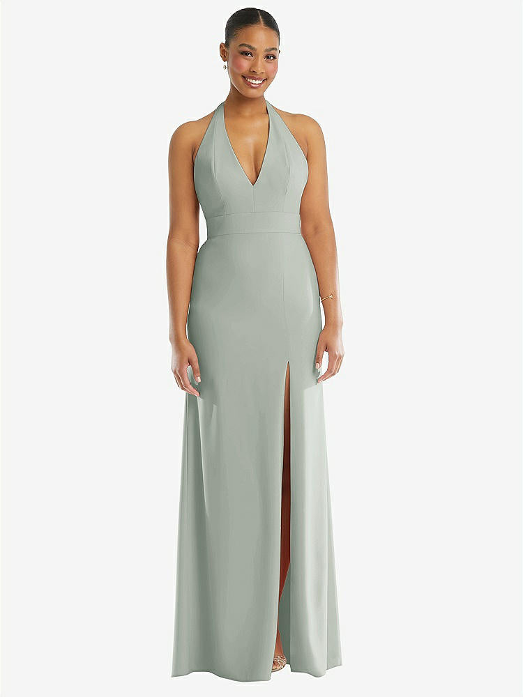 【STYLE: TH110】Plunge Neck Halter Backless Trumpet Gown with Front Slit【COLOR: Willow Green】