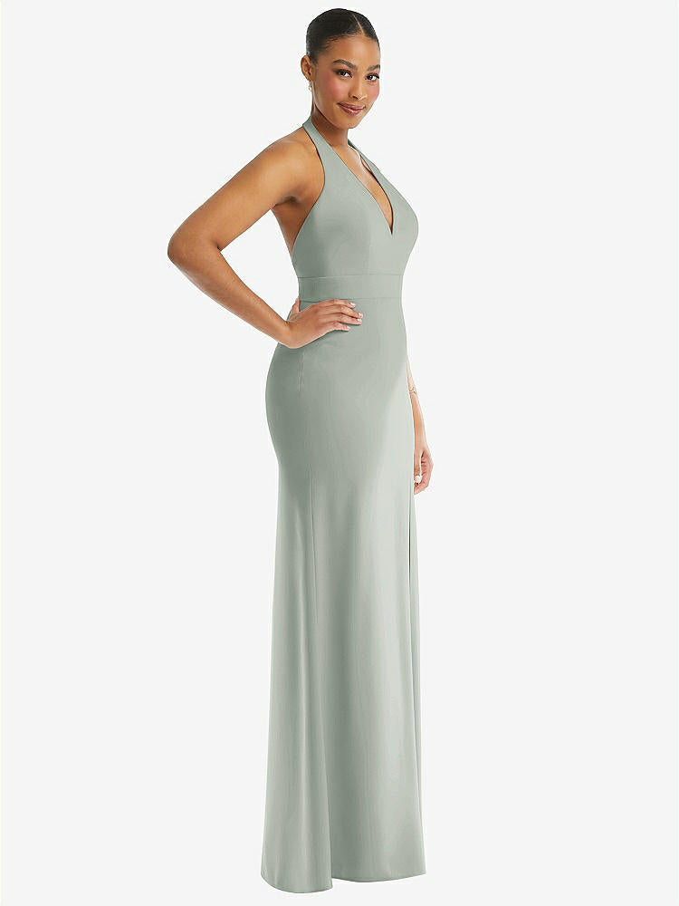 【STYLE: TH110】Plunge Neck Halter Backless Trumpet Gown with Front Slit【COLOR: Willow Green】