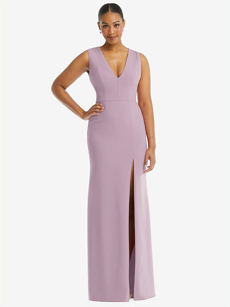 【STYLE: TH111】Deep V-Neck Closed Back Crepe Trumpet Gown with Front Slit【COLOR: Suede Rose】