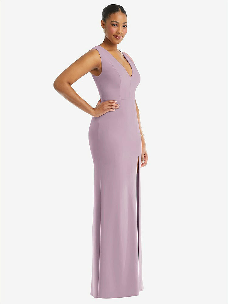 【STYLE: TH111】Deep V-Neck Closed Back Crepe Trumpet Gown with Front Slit【COLOR: Suede Rose】