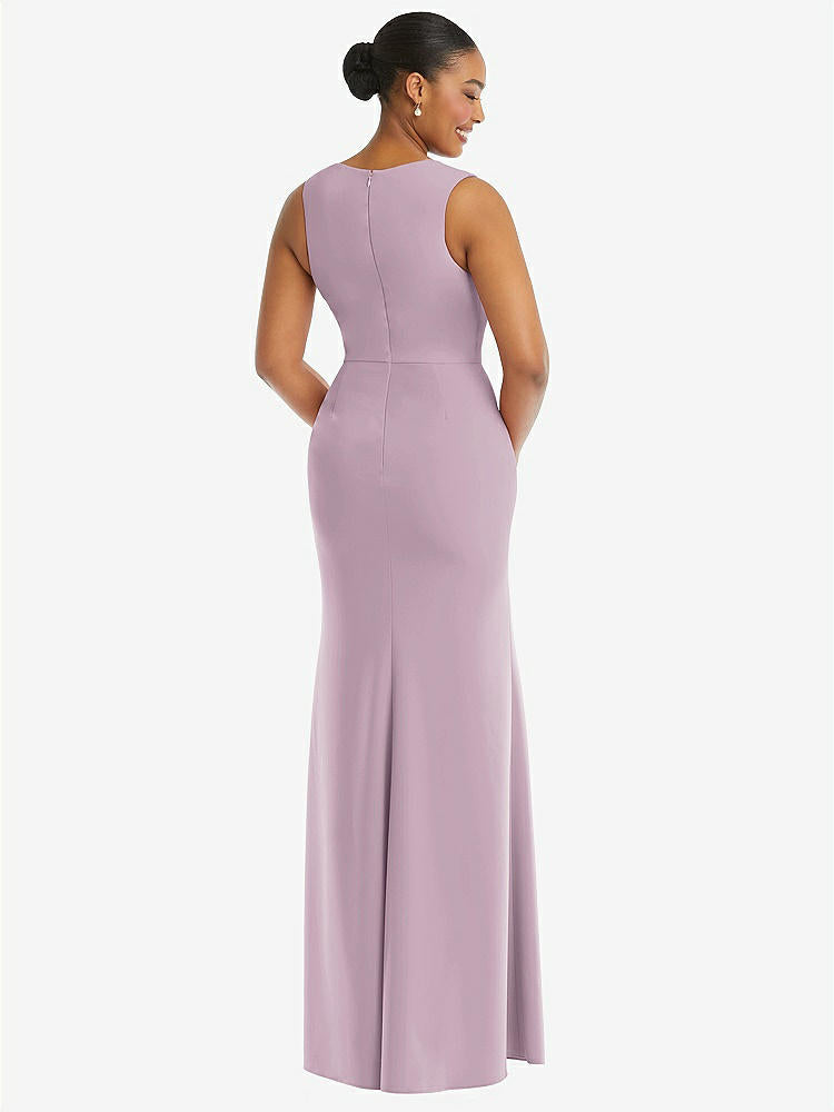 【STYLE: TH111】Deep V-Neck Closed Back Crepe Trumpet Gown with Front Slit【COLOR: Suede Rose】
