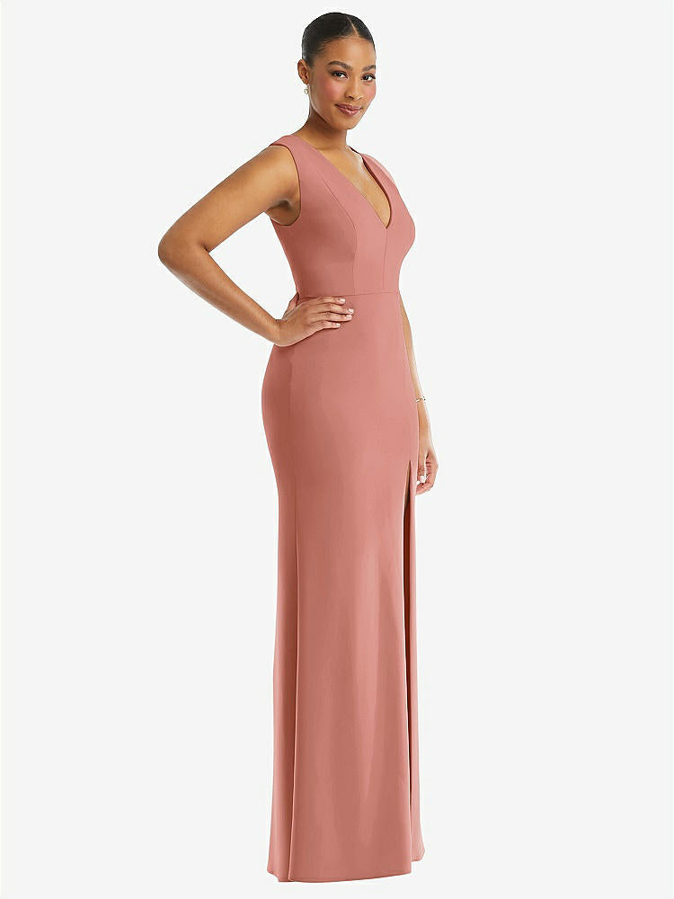 【STYLE: TH111】Deep V-Neck Closed Back Crepe Trumpet Gown with Front Slit【COLOR: Desert Rose】