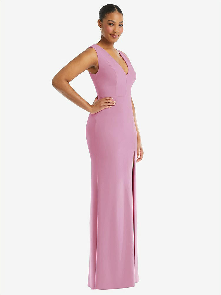 【NEW】【STYLE: TH111】ディープ Vネック 閉じた 背面 クレープ トランペット ガウン 前面 スリット【COLOR: Powder Pink】【SIZE: 00-30W】