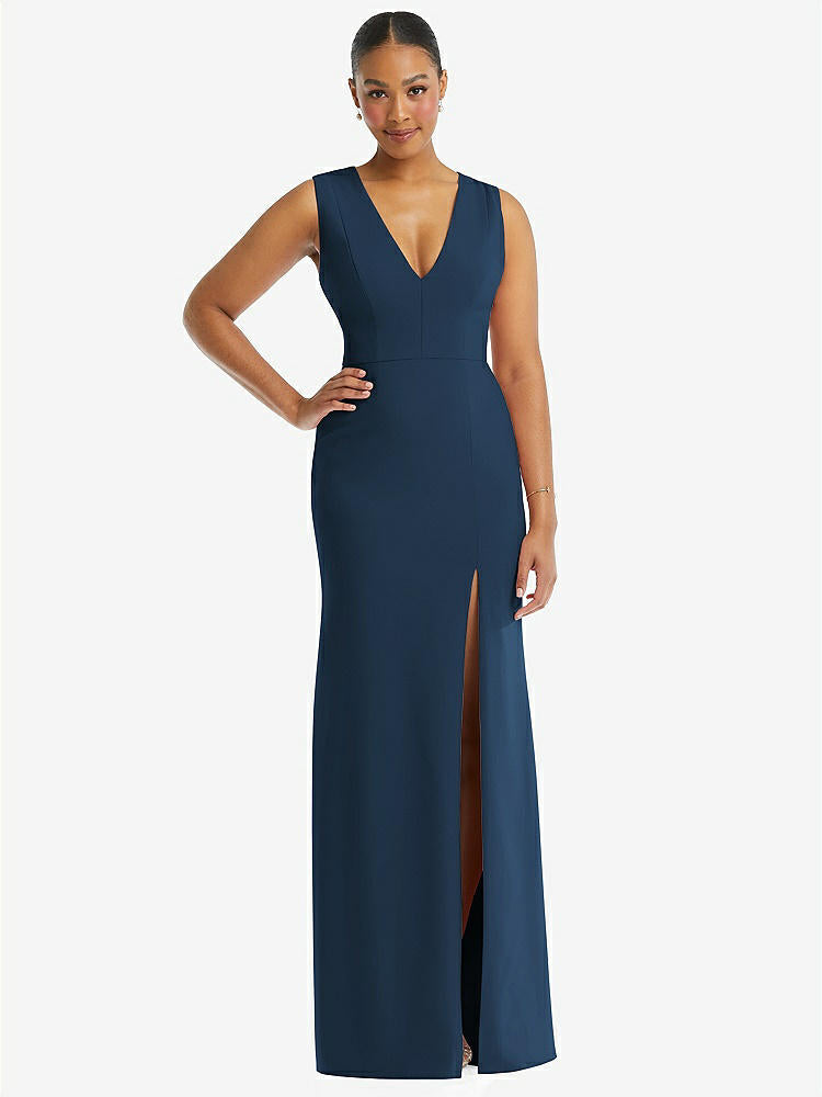 【STYLE: TH111】Deep V-Neck Closed Back Crepe Trumpet Gown with Front Slit【COLOR: Sofia Blue】