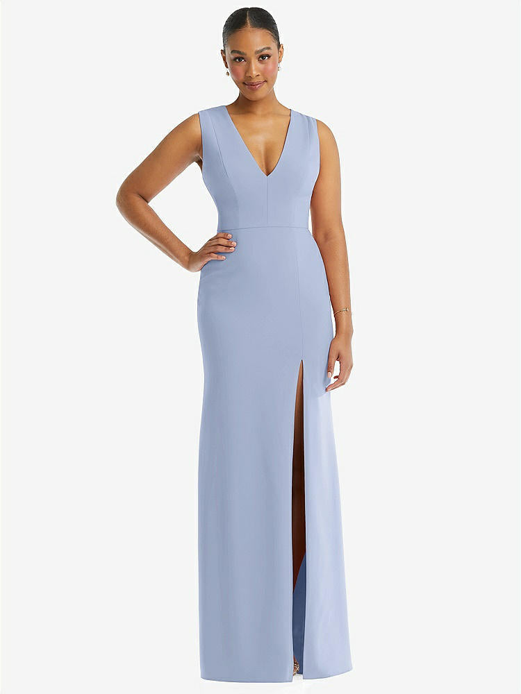 【STYLE: TH111】Deep V-Neck Closed Back Crepe Trumpet Gown with Front Slit【COLOR: Sky Blue】