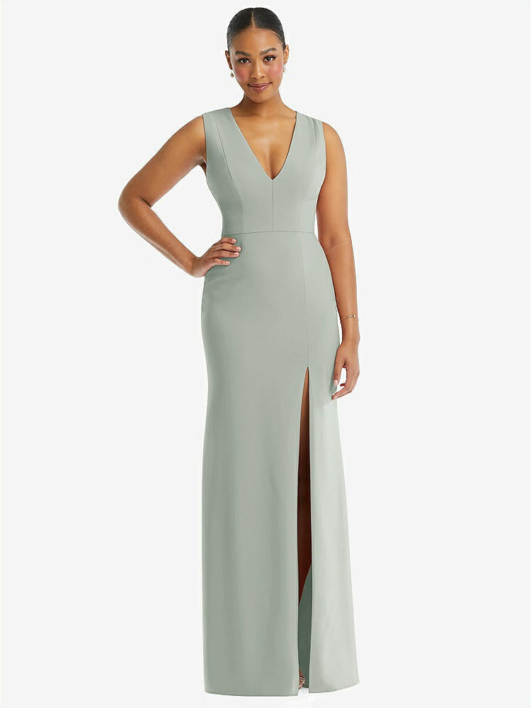 【STYLE: TH111】Deep V-Neck Closed Back Crepe Trumpet Gown with Front Slit【COLOR: Willow Green】