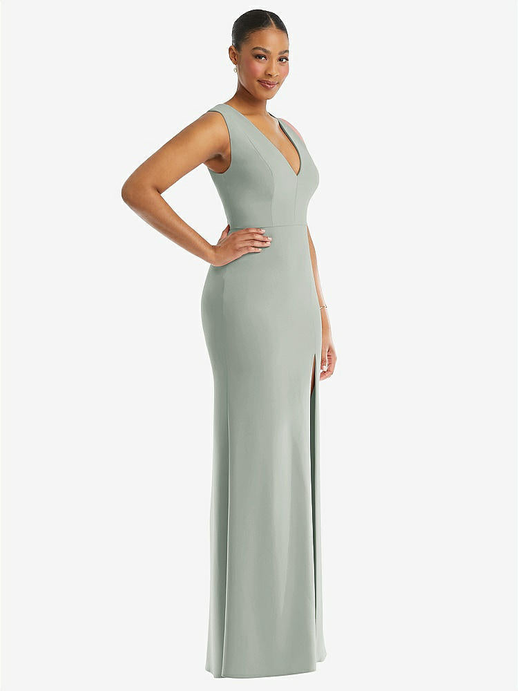 【STYLE: TH111】Deep V-Neck Closed Back Crepe Trumpet Gown with Front Slit【COLOR: Willow Green】