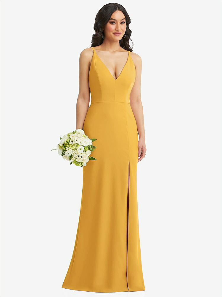 【STYLE: TH112】Skinny Strap Deep V-Neck Crepe Trumpet Gown with Front Slit【COLOR: NYC Yellow】