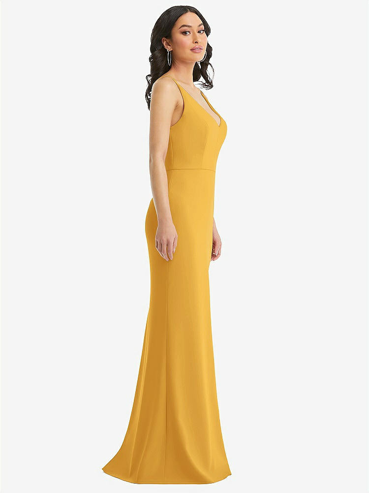【STYLE: TH112】Skinny Strap Deep V-Neck Crepe Trumpet Gown with Front Slit【COLOR: NYC Yellow】