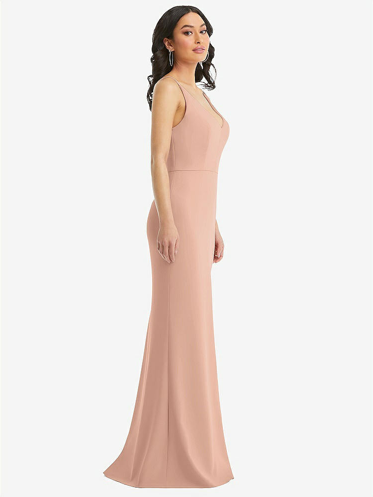 【NEW】【STYLE: TH112】スキニー ストラップ 深い Vネック クレープ トランペット ガウン フロント スリット【COLOR: Pale Peach】【SIZE: 00-30W】