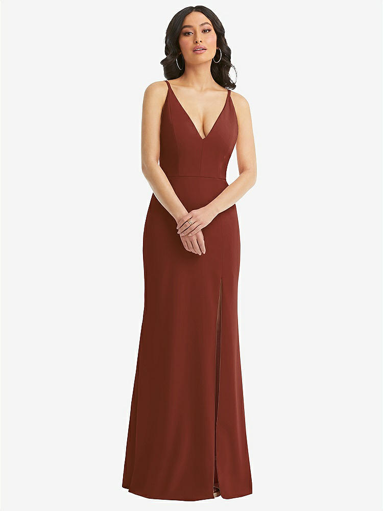 【STYLE: TH112】Skinny Strap Deep V-Neck Crepe Trumpet Gown with Front Slit【COLOR: Auburn Moon】
