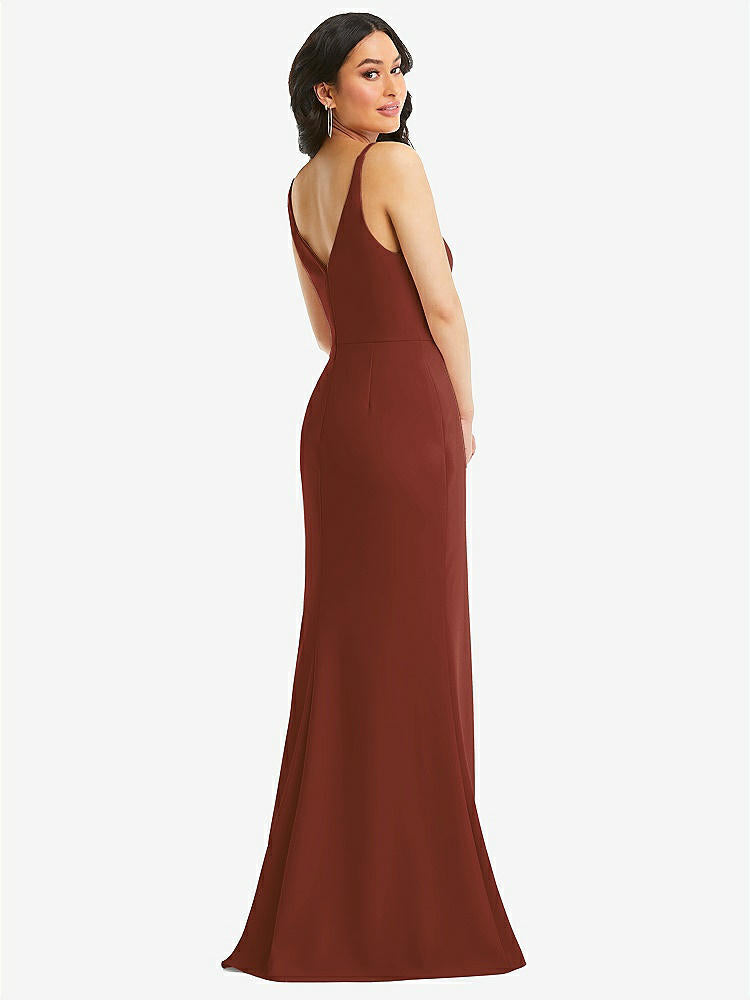 【STYLE: TH112】Skinny Strap Deep V-Neck Crepe Trumpet Gown with Front Slit【COLOR: Auburn Moon】