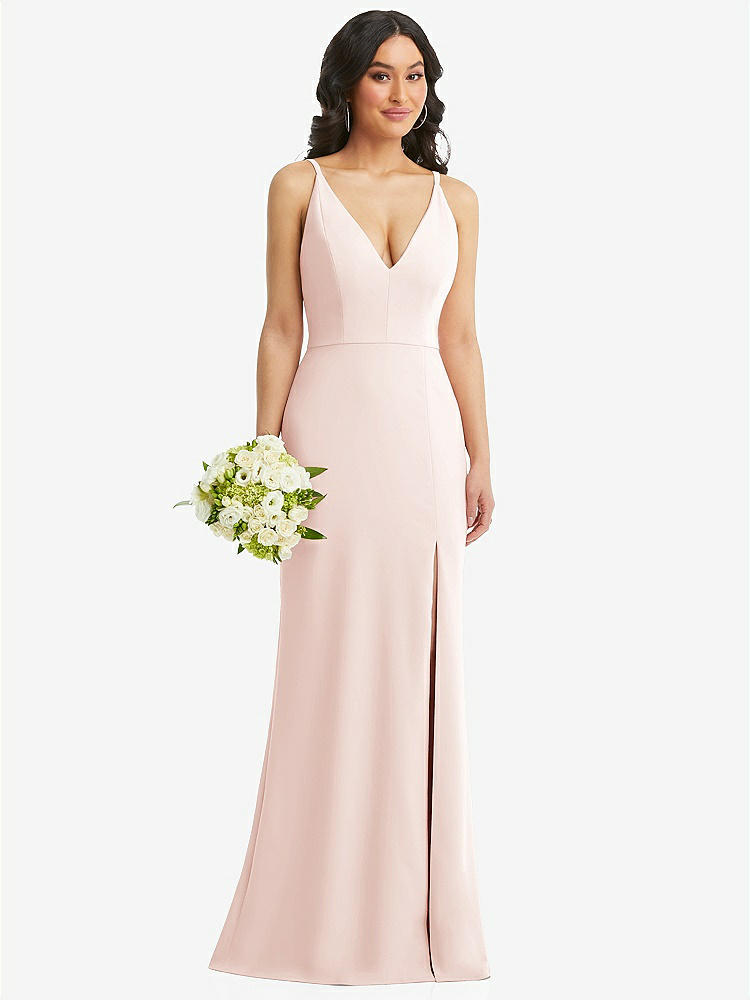 【NEW】【STYLE: TH112】スキニー ストラップ 深い Vネック クレープ トランペット ガウン フロント スリット【COLOR: Blush】【SIZE: 00-30W】