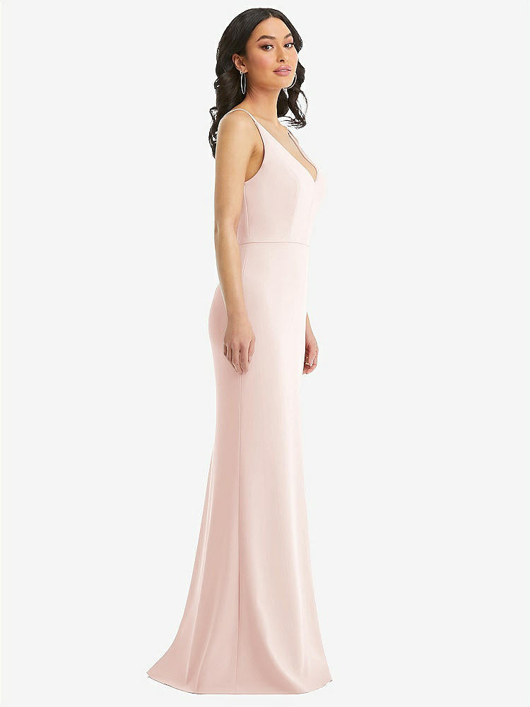 【NEW】【STYLE: TH112】スキニー ストラップ 深い Vネック クレープ トランペット ガウン フロント スリット【COLOR: Blush】【SIZE: 00-30W】