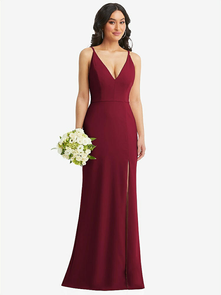 【STYLE: TH112】Skinny Strap Deep V-Neck Crepe Trumpet Gown with Front Slit【COLOR: Burgundy】
