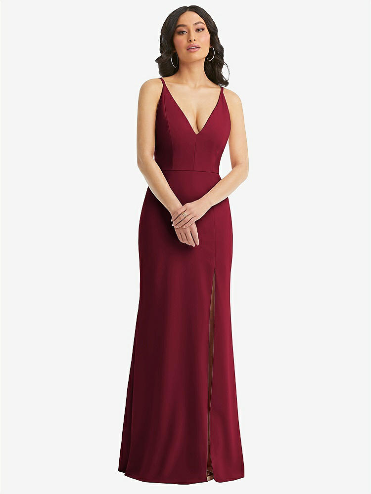 【STYLE: TH112】Skinny Strap Deep V-Neck Crepe Trumpet Gown with Front Slit【COLOR: Burgundy】