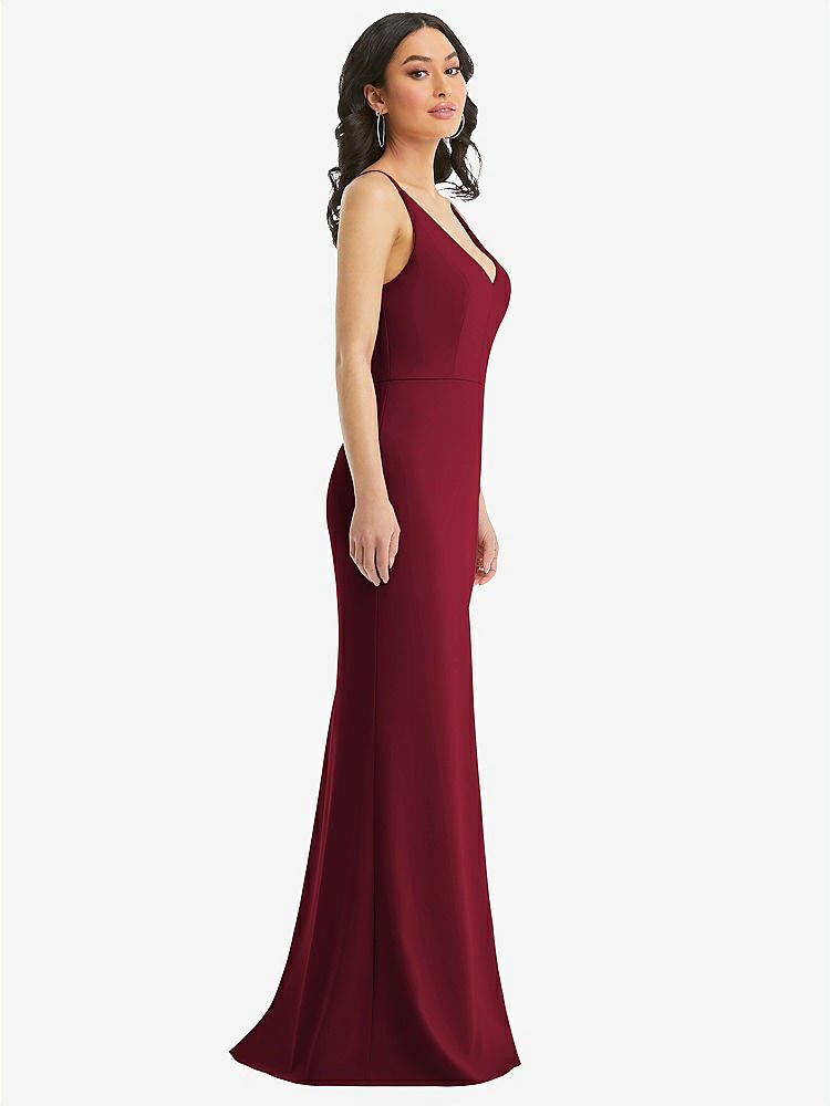 【STYLE: TH112】Skinny Strap Deep V-Neck Crepe Trumpet Gown with Front Slit【COLOR: Burgundy】