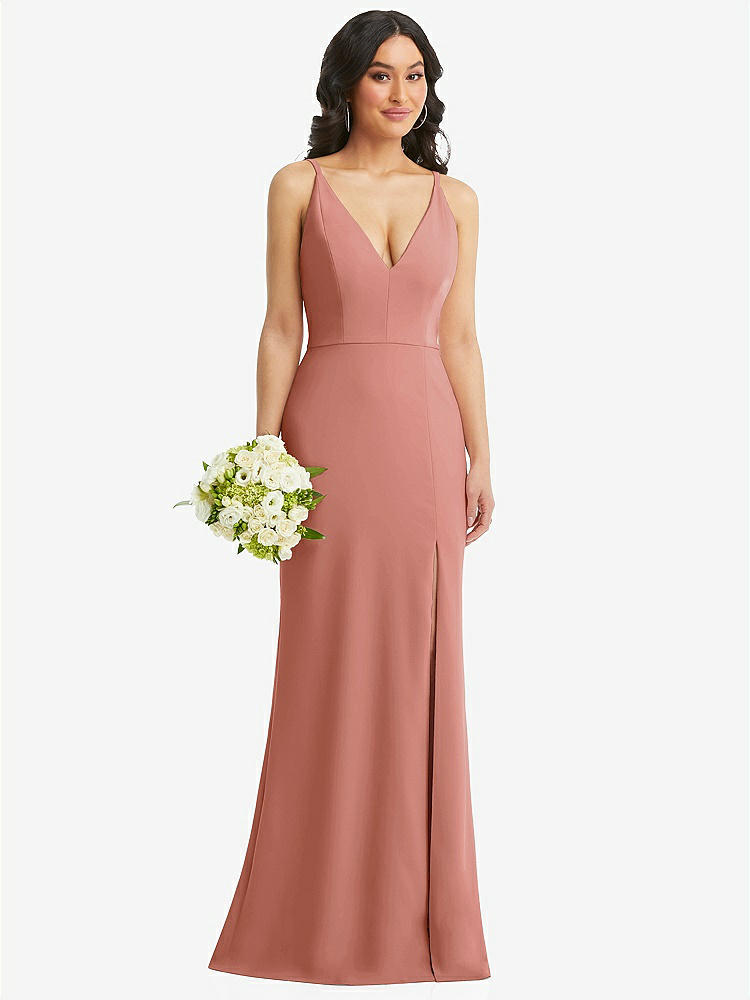 【STYLE: TH112】Skinny Strap Deep V-Neck Crepe Trumpet Gown with Front Slit【COLOR: Desert Rose】